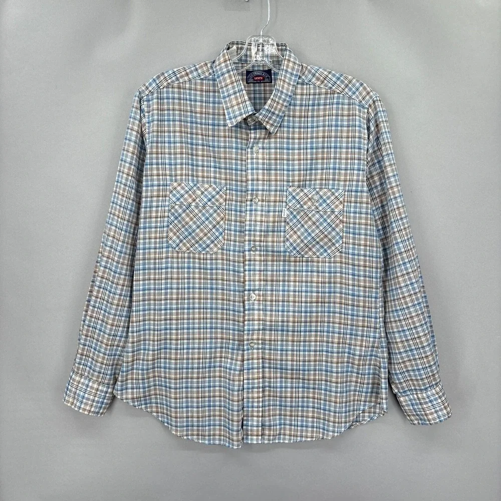 Vintage Levis Shirt Mens XL Blue Beige Plaid Workshirt Pockets Made USA‎ 70s